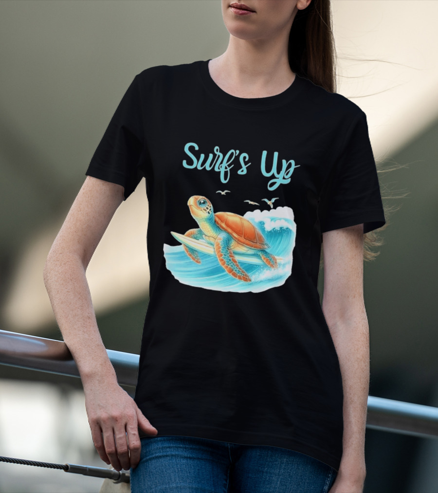 Surf's Up Turtle Riding Surfboard On Big Wave T-Shirt