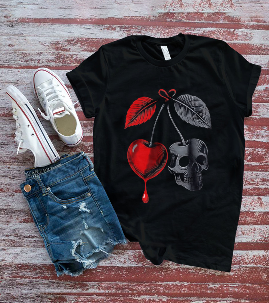 Bleeding Cherry Skull Memento Mori Gothic Macabre Dark Fruit T-Shirt