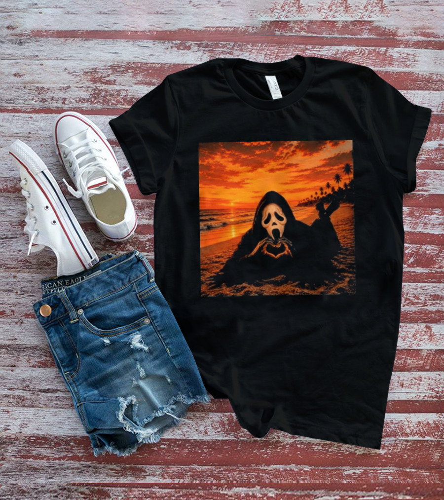 Ghostface Heart Hands Beach Sunset Halloween 2026 T-Shirt