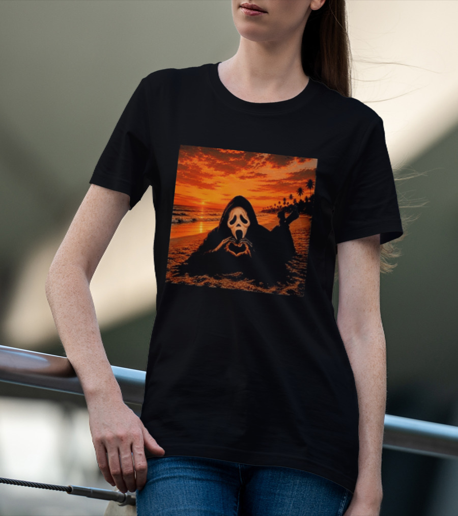 Ghostface Heart Hands Beach Sunset Halloween 2026 T-Shirt