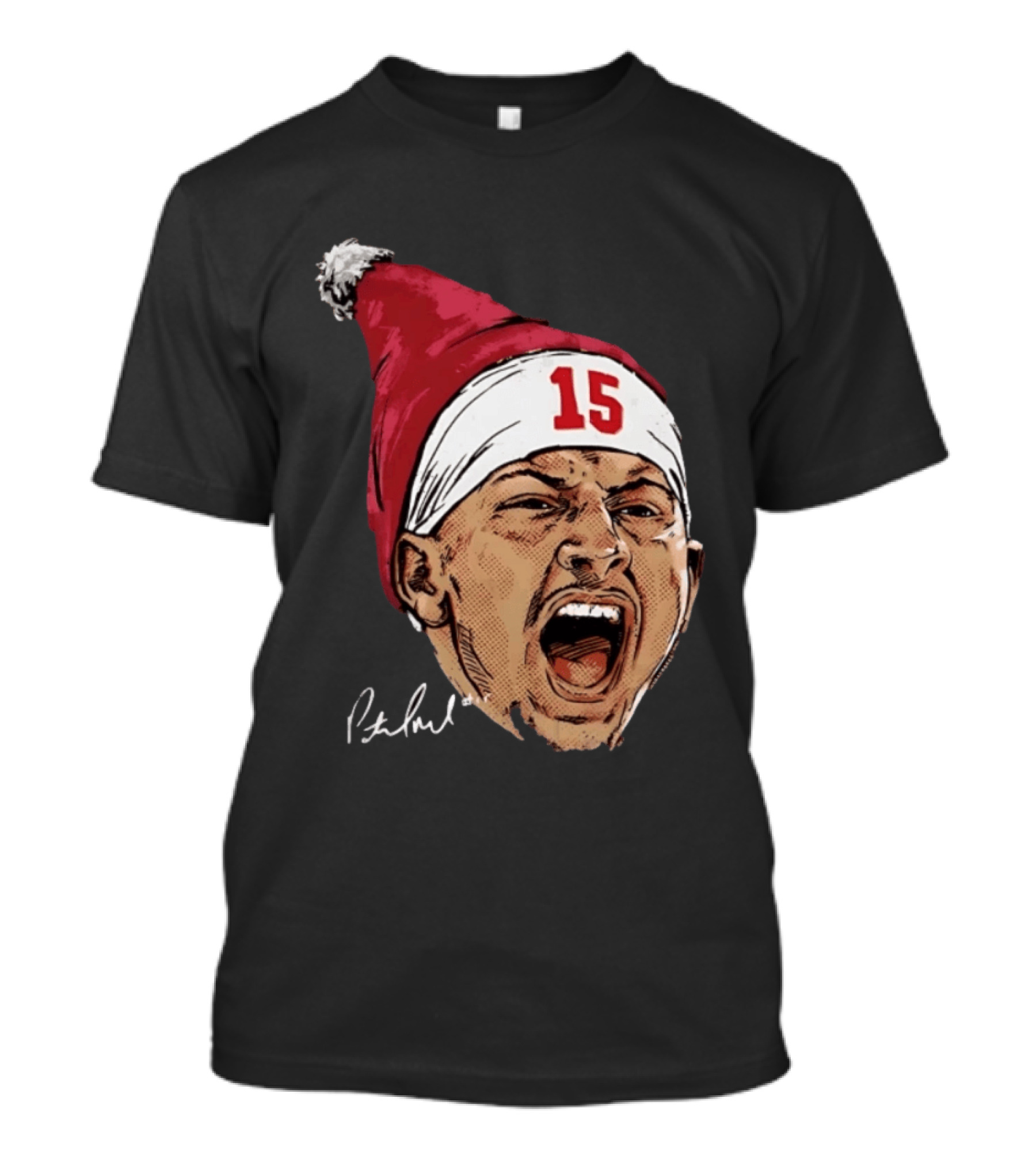 Pat Mahomes Screaming Face Red Santa Hat Number 15 Halftone Caricature T-Shirt
