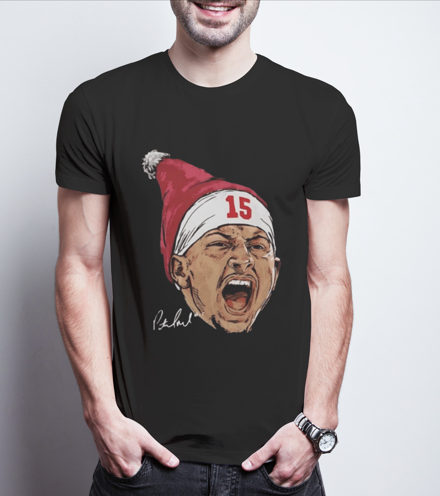 Pat Mahomes Screaming Face Red Santa Hat Number 15 Halftone Caricature T-Shirt