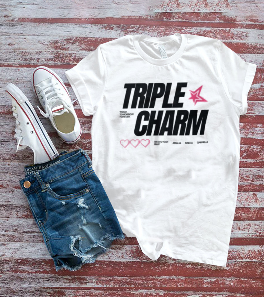 Triple Charm White Hearts Pink Star T-Shirt