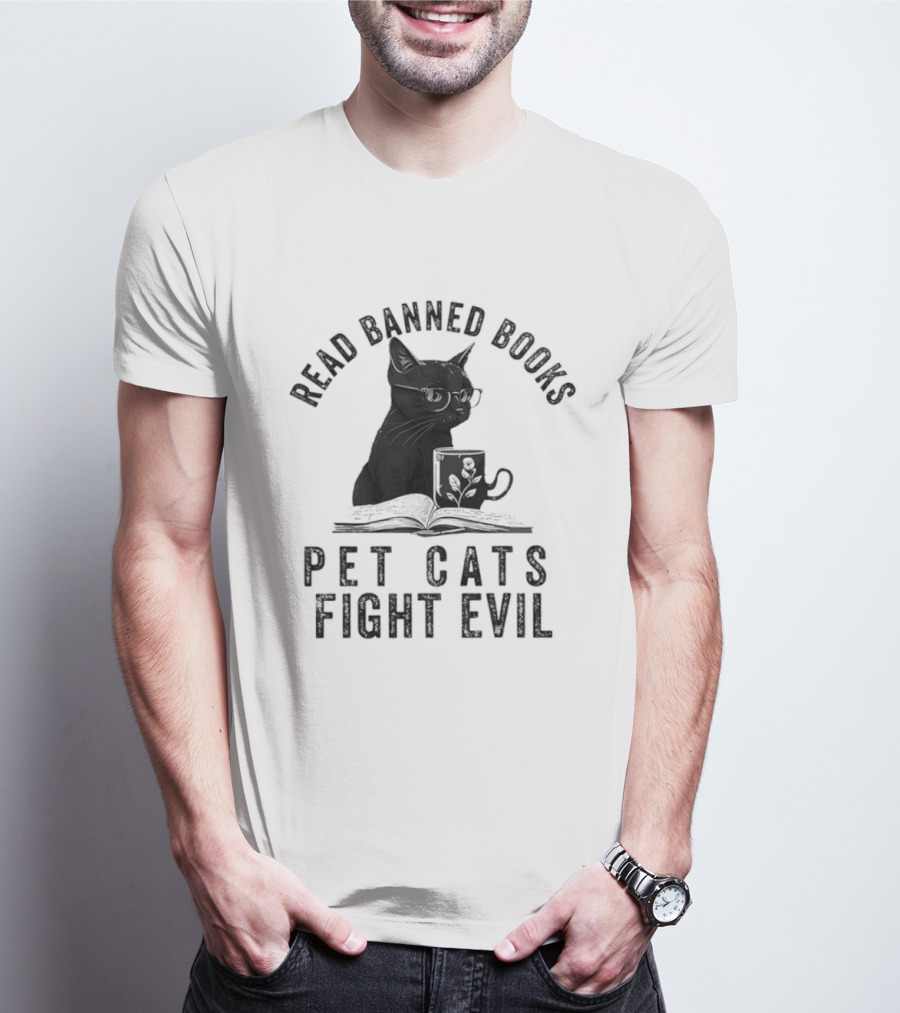 Read Banned Books Pet Cats Fight Evil Black Cat Reading T-Shirt