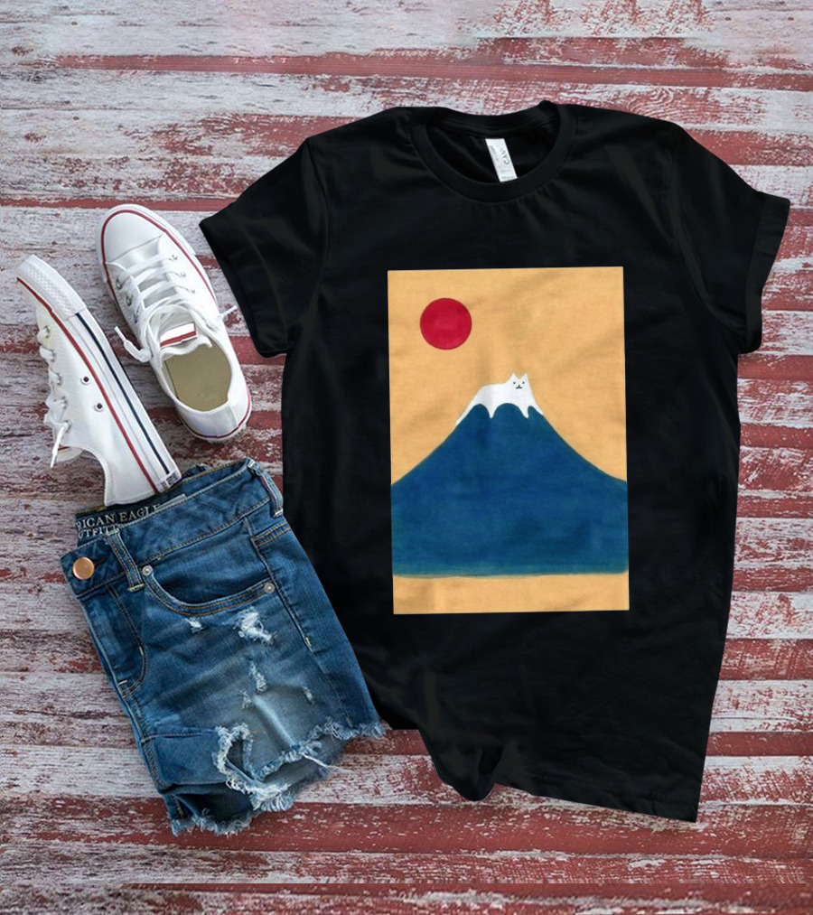 Meow Fuji Cat With Red Sun Illustration Japan T-Shirt