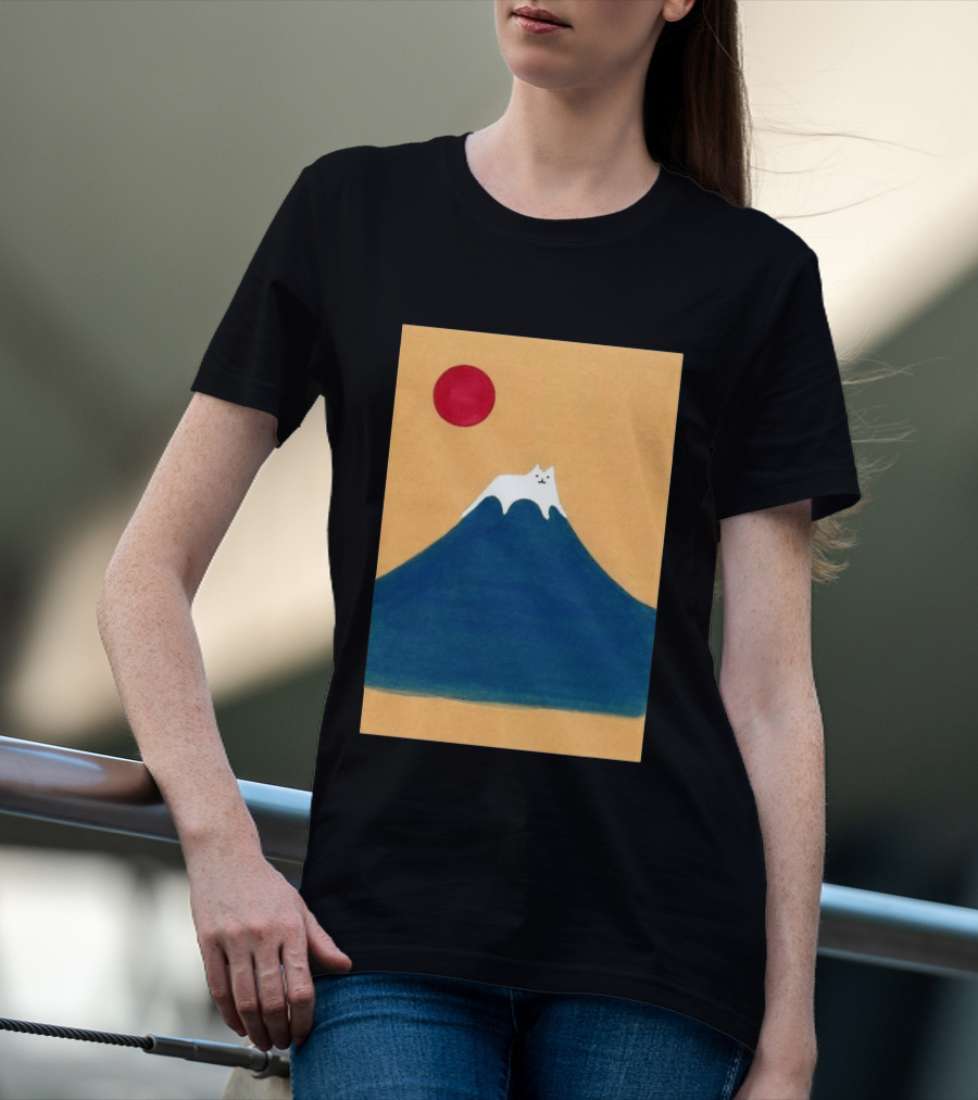 Meow Fuji Cat With Red Sun Illustration Japan T-Shirt