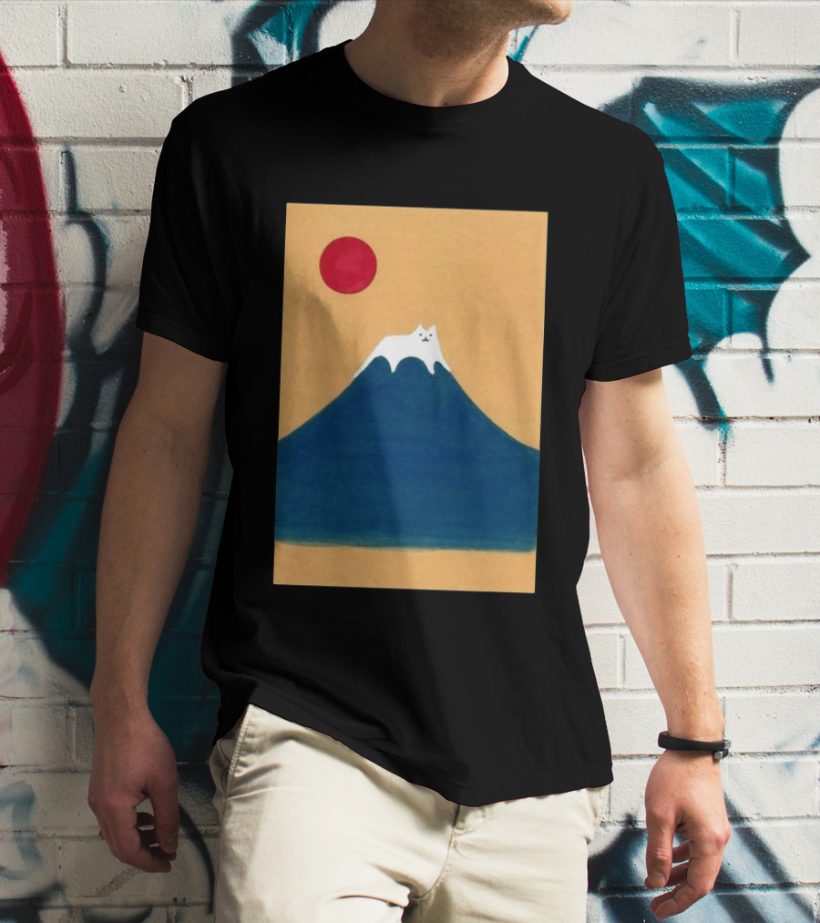 Meow Fuji Cat With Red Sun Illustration Japan T-Shirt