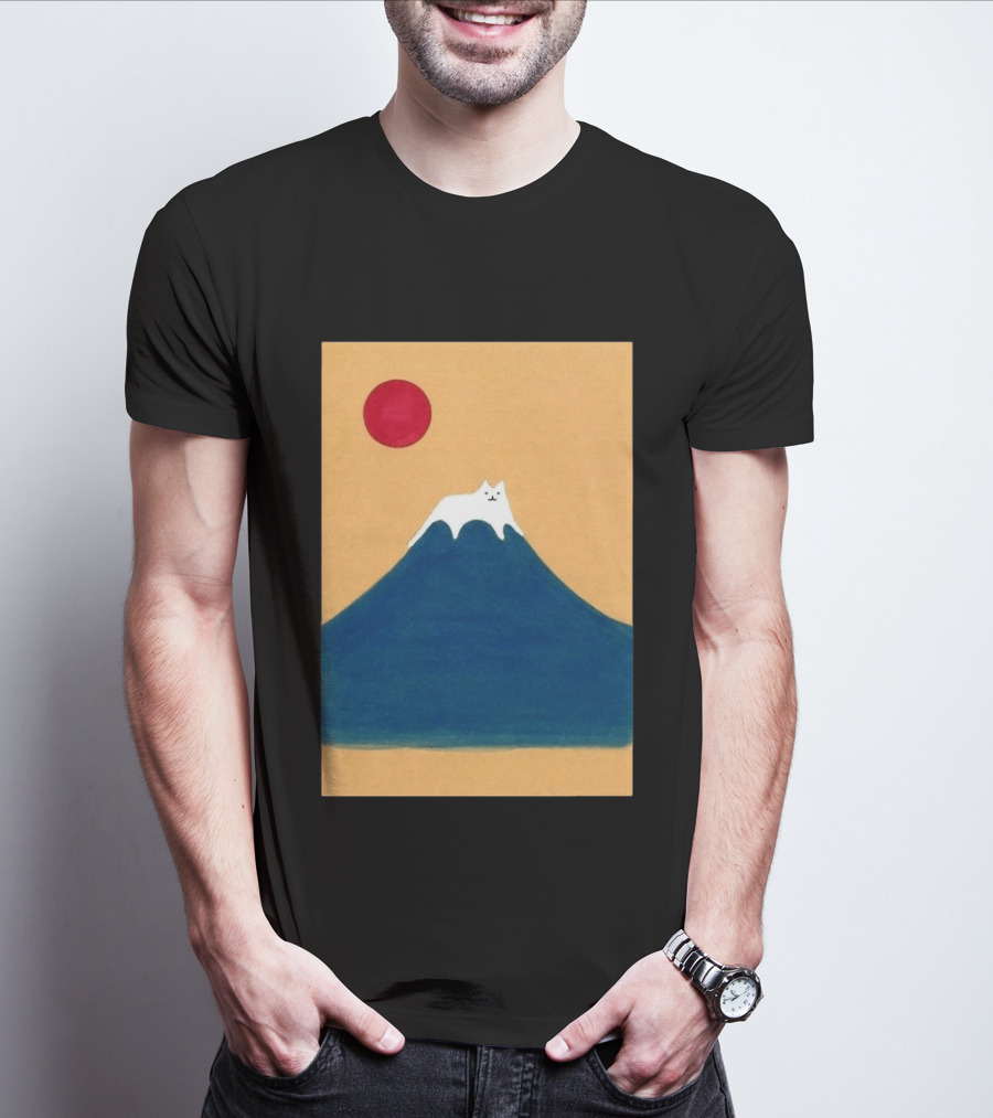 Meow Fuji Cat With Red Sun Illustration Japan T-Shirt