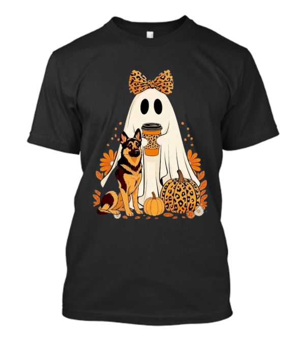 German Shepherd Ghost Leopard Pumpkin Coffee Halloween Bow T-Shirt