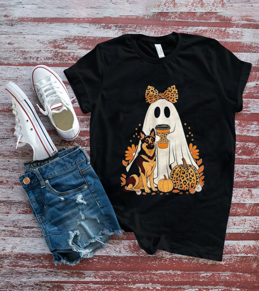 German Shepherd Ghost Leopard Pumpkin Coffee Halloween Bow T-Shirt