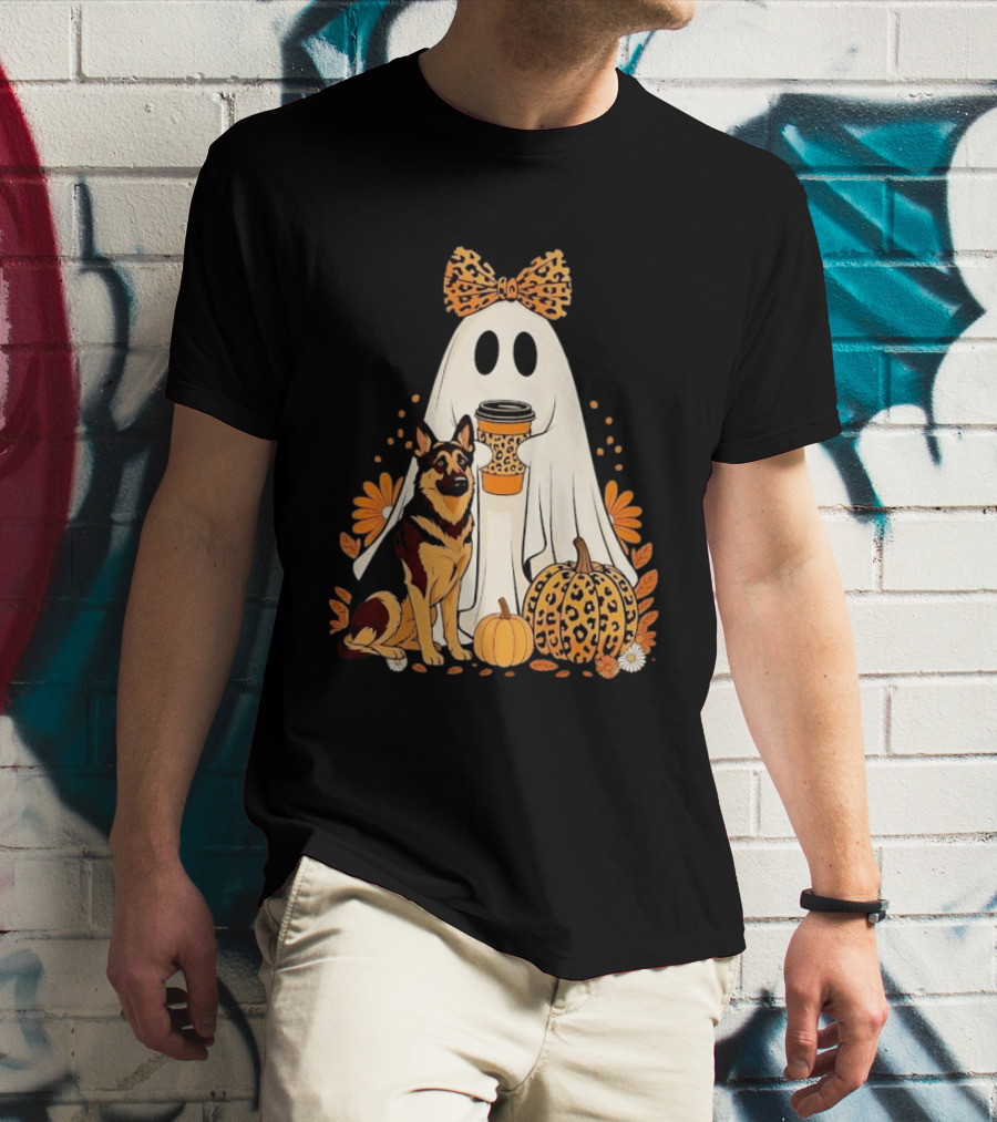 German Shepherd Ghost Leopard Pumpkin Coffee Halloween Bow T-Shirt