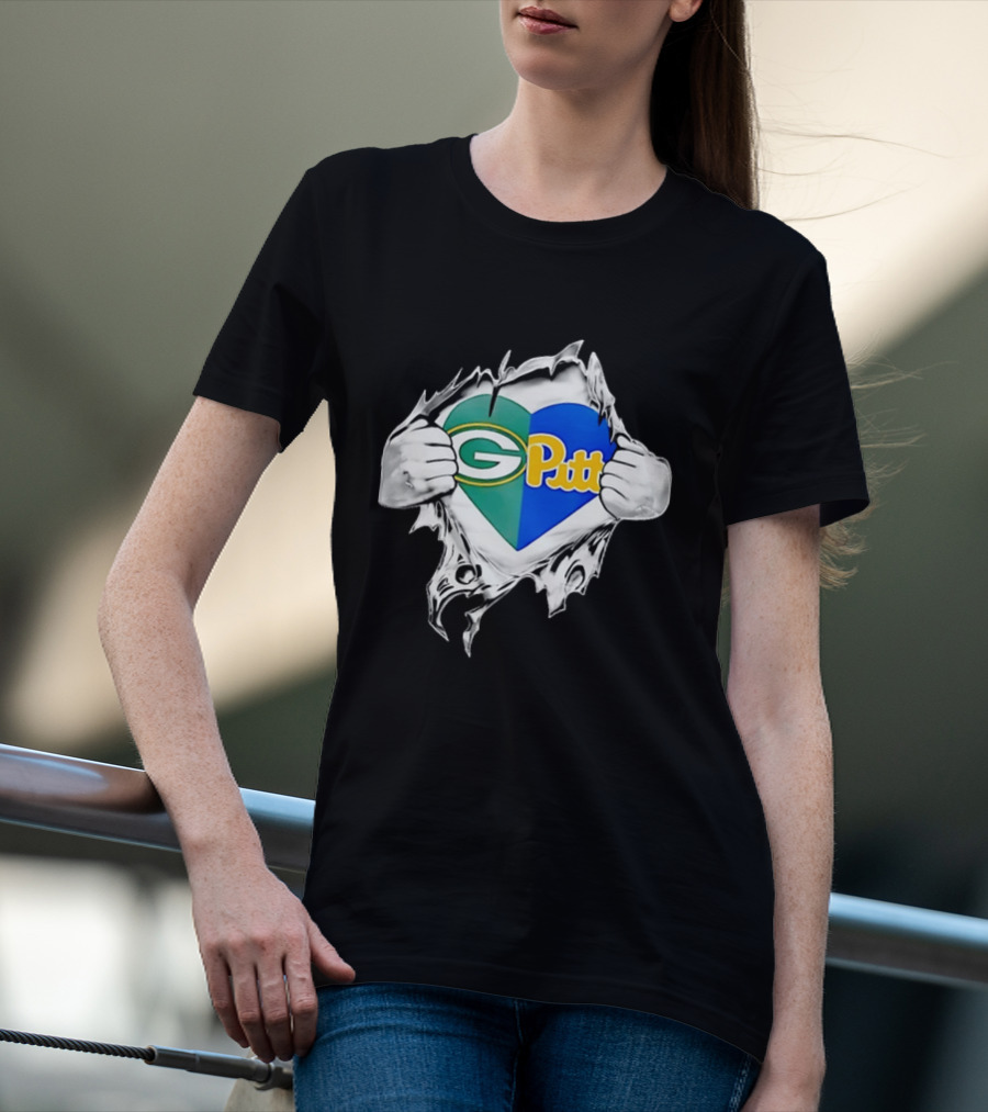 Green Bay Packers Pittsburgh Panthers Superman Heart Rip T-Shirt