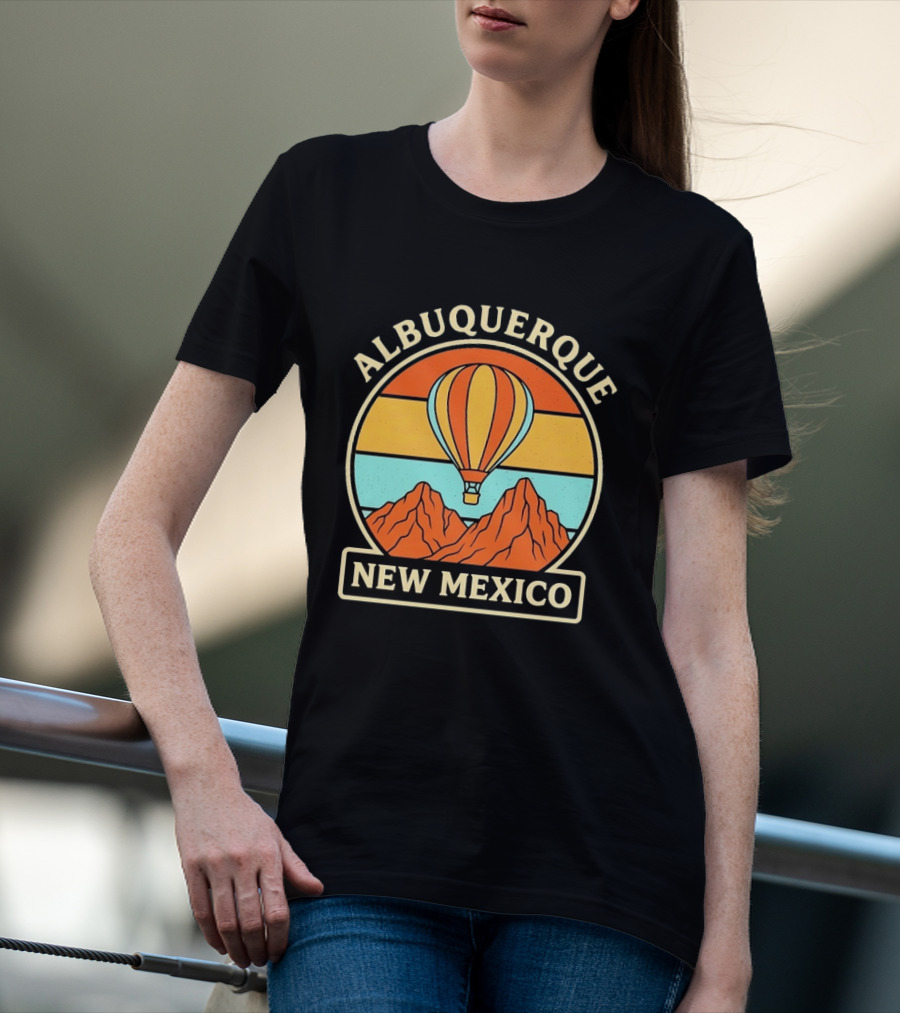Albuquerque New Mexico Hot Air Balloon Over Mountains T-Shirt