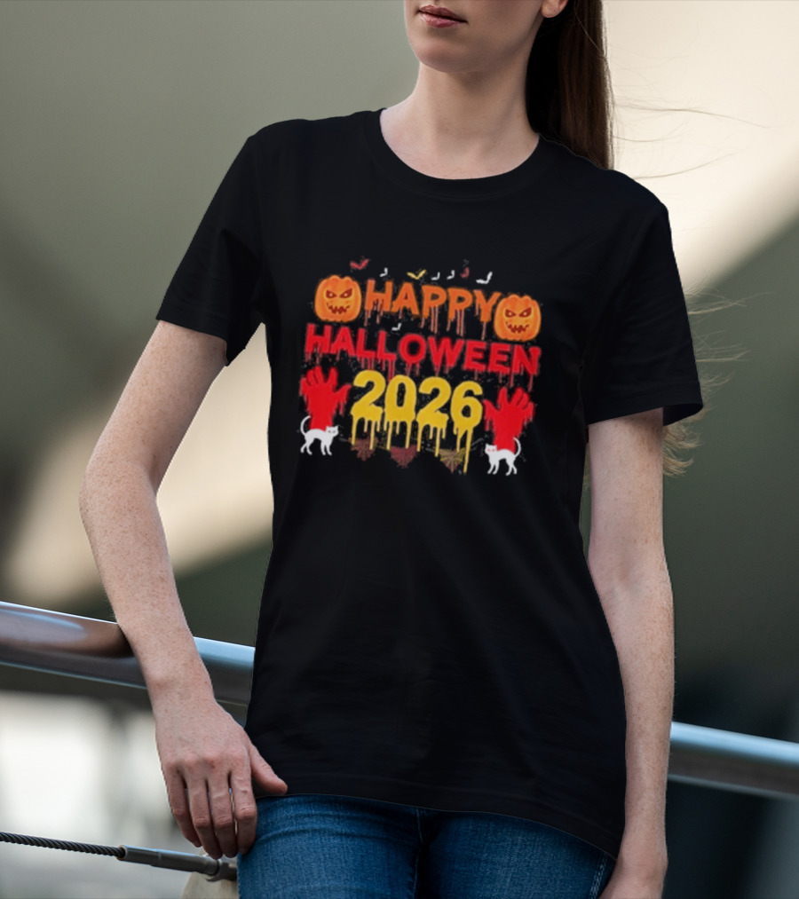 Happy Halloween 2026 Spooky Pumpkin Ghosts And Cats T-Shirt