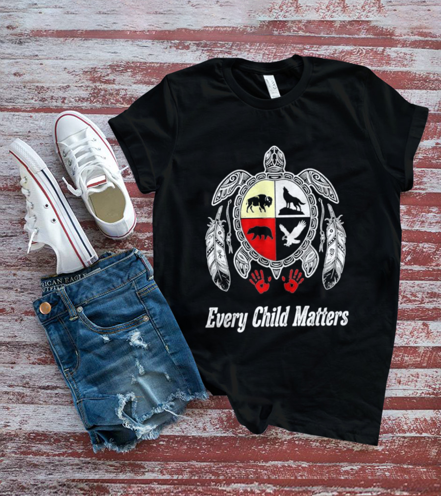 Every Child Matters Native American Turtle Medicine Wheel Feathers And Red Handprints T-Shirt