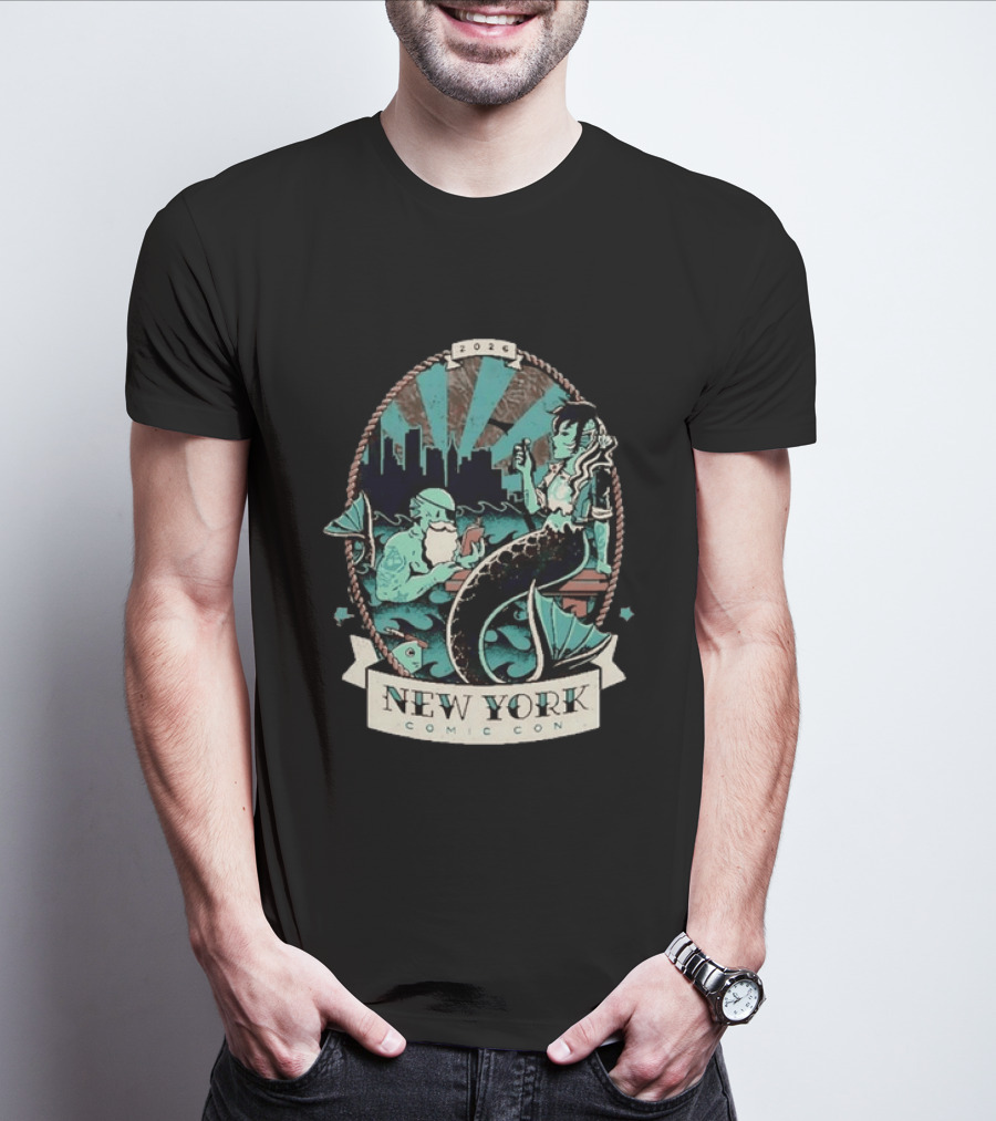 New York Comic Con 2026 Mermaid Merman City Skyline Ocean T-Shirt
