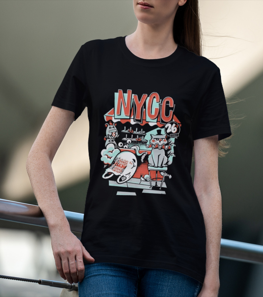 NYCC 26 Cent 1 Throw Carnival Cat Retro Style Comic Fairground Fun T-Shirt