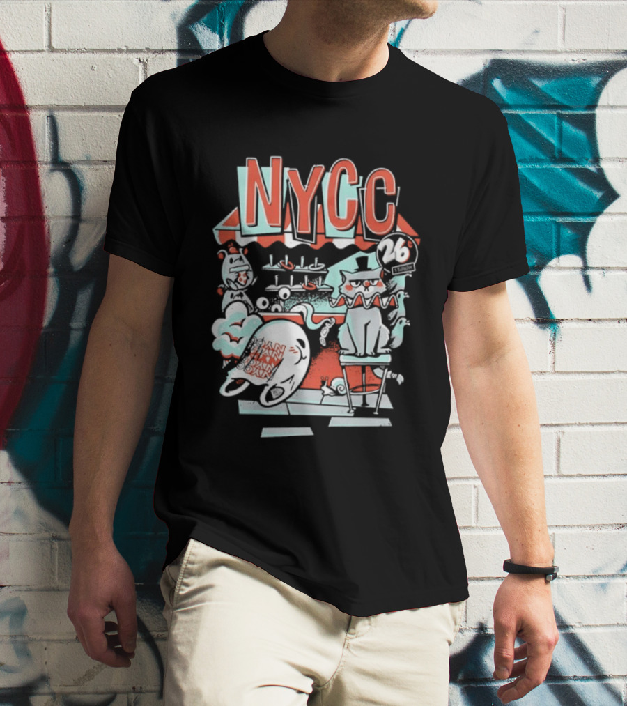 NYCC 26 Cent 1 Throw Carnival Cat Retro Style Comic Fairground Fun T-Shirt