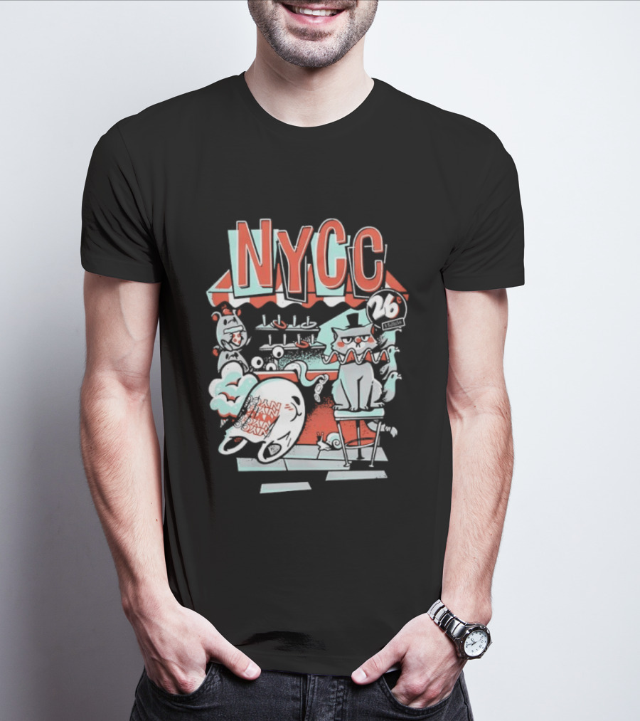 NYCC 26 Cent 1 Throw Carnival Cat Retro Style Comic Fairground Fun T-Shirt