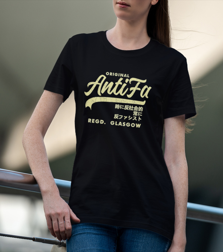 Original AntiFa Regd Glasgow Distressed Japanese Text Anti Fascist T-Shirt