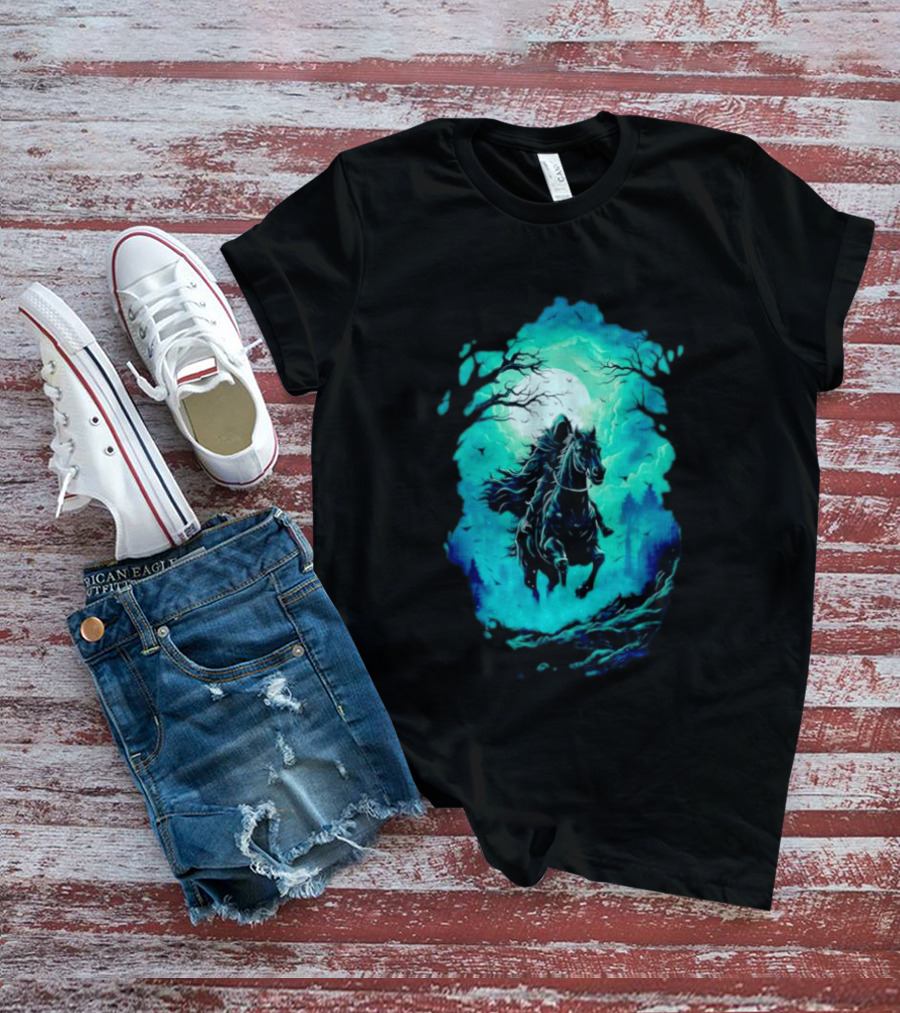 Headless Horseman Eerie Night Ride Through Spooky Forest T-Shirt