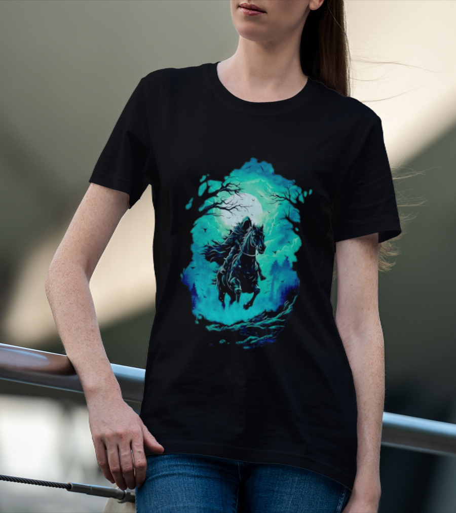 Headless Horseman Eerie Night Ride Through Spooky Forest T-Shirt