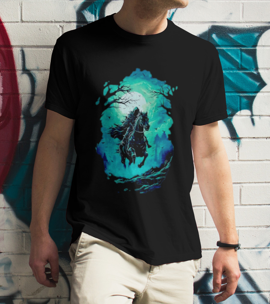 Headless Horseman Eerie Night Ride Through Spooky Forest T-Shirt