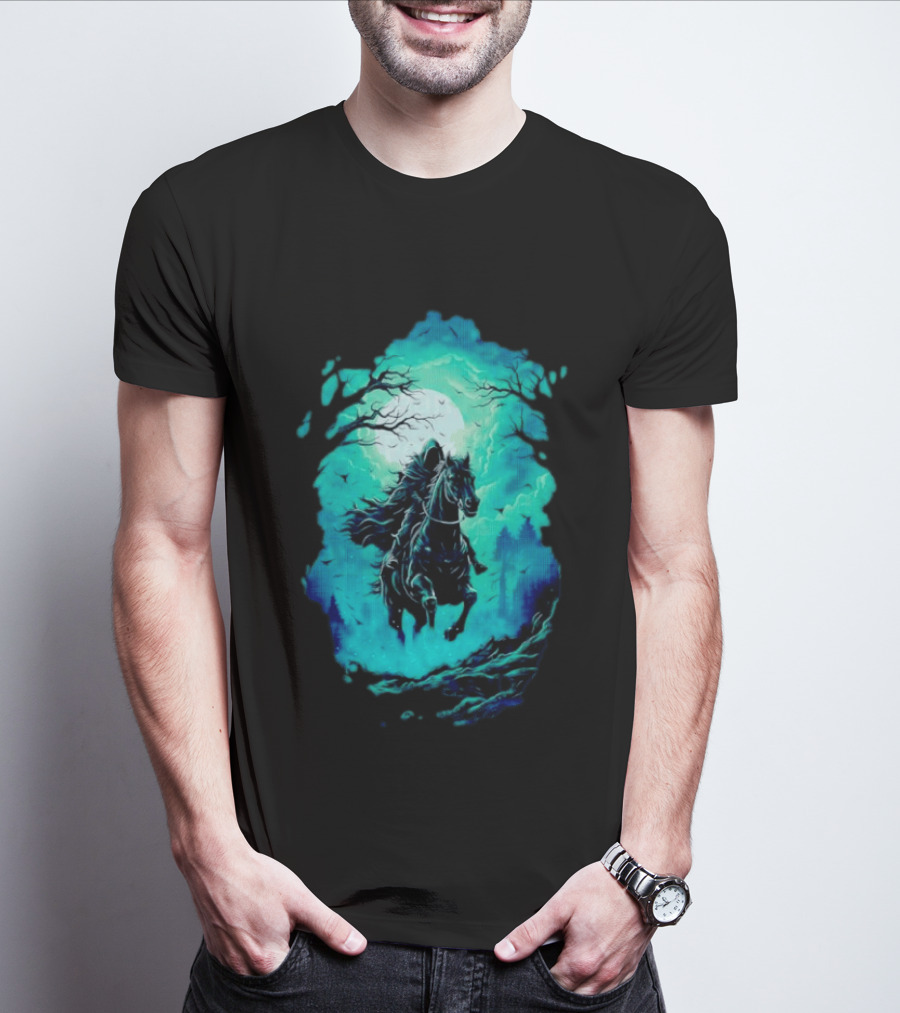 Headless Horseman Eerie Night Ride Through Spooky Forest T-Shirt