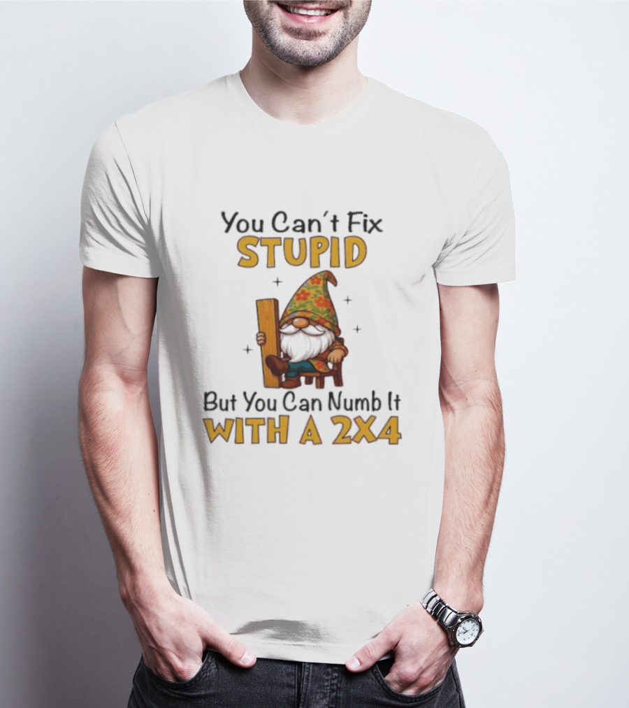 You Can't Fix Stupid But You Can Numb It With A 2x4 Gnome Holding Wood Humor T-Shirt