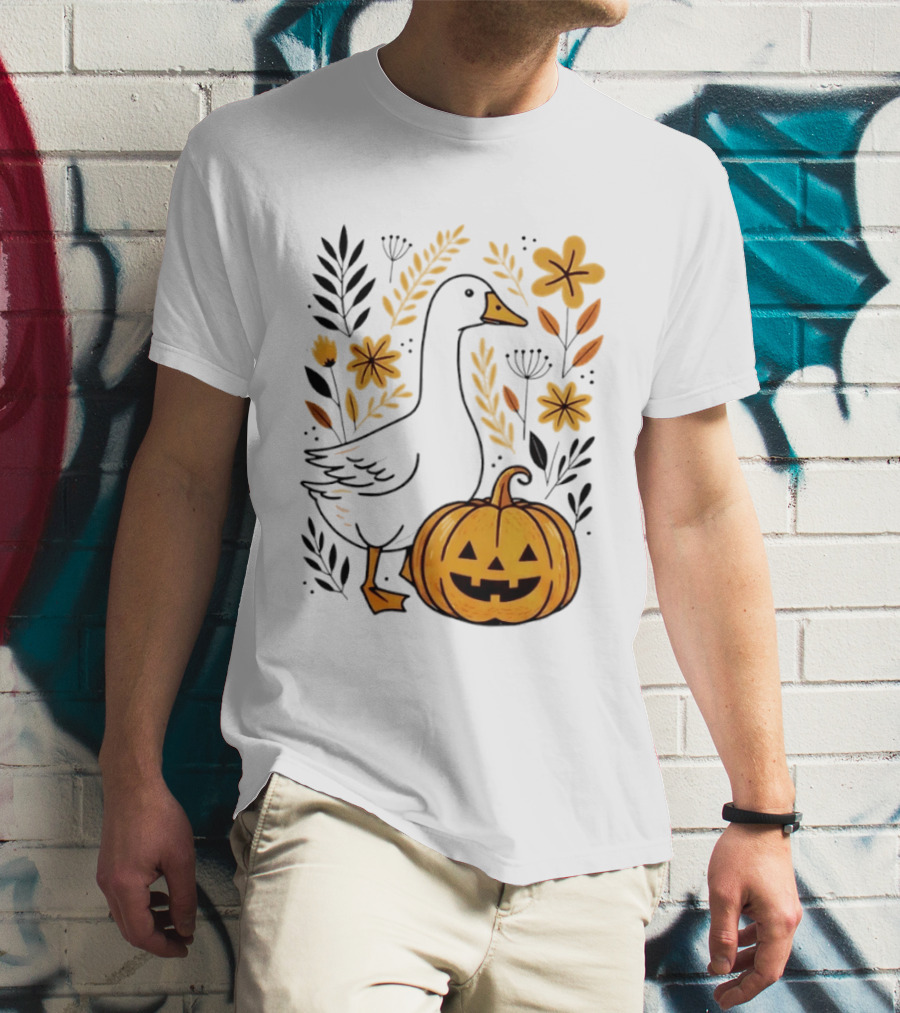 Pumpkin Jack O Lantern Goose Fall Farmhouse Floral Halloween T-Shirt