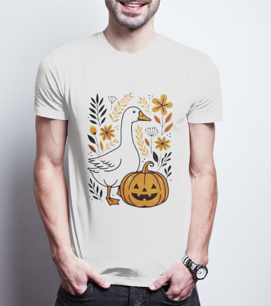 Pumpkin Jack O Lantern Goose Fall Farmhouse Floral Halloween T-Shirt