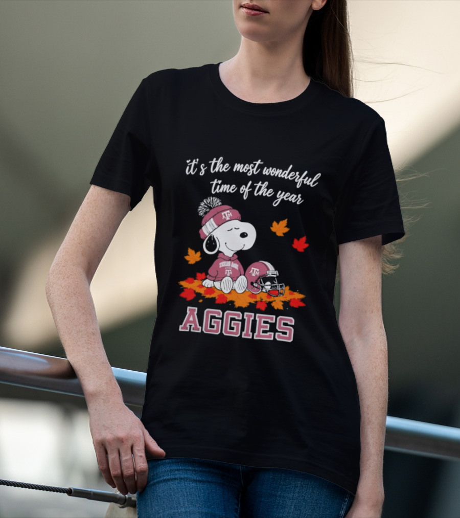 Snoopy It's The Most Wonderful Time Of The Year Texas A&M Aggies Autumn Leaves T-Shirt