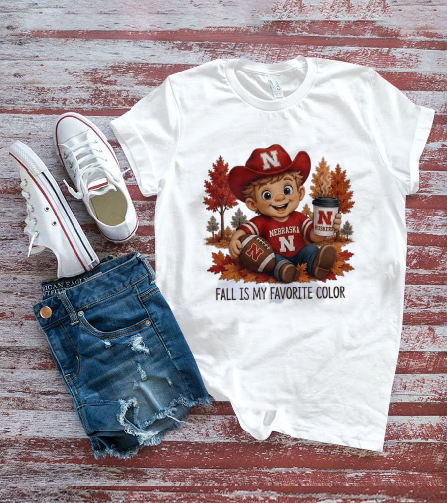 Nebraska Huskers Fall Football Kid Holding Coffee And Ball T-Shirt