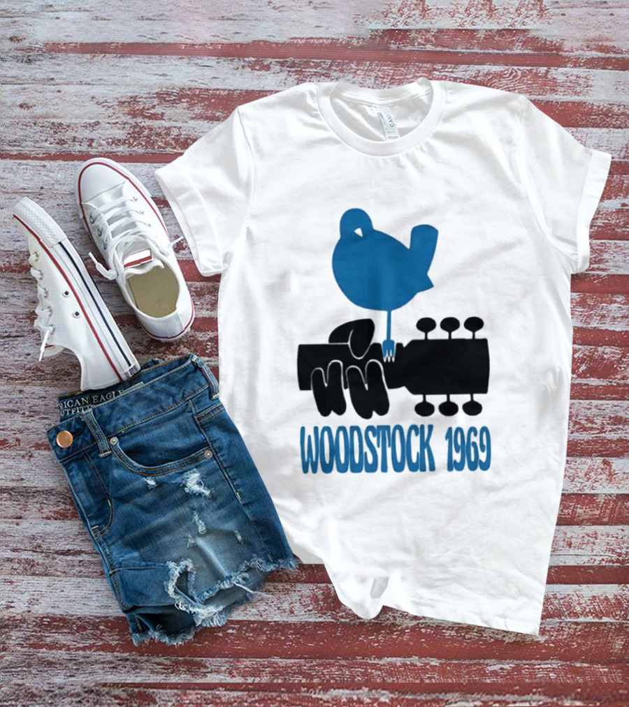 Woodstock 1969 Music Festival Bird On Guitar Neck T-Shirt