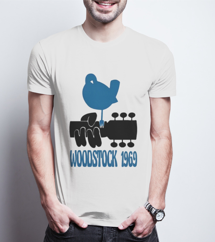 Woodstock 1969 Music Festival Bird On Guitar Neck T-Shirt