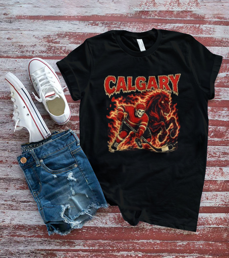 Calgary Flames Skeleton Hockey Player With Fiery Horse T-Shirt