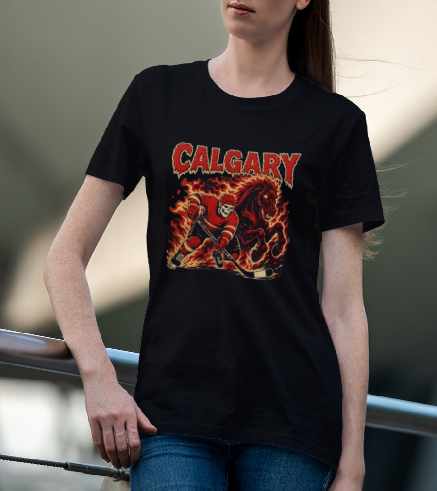 Calgary Flames Skeleton Hockey Player With Fiery Horse T-Shirt