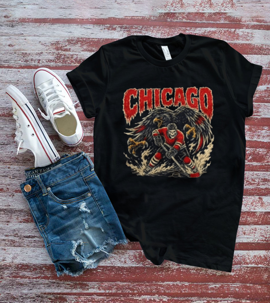 Chicago Blackhawks Skeleton Hockey Player With Hawk Wings T-Shirt