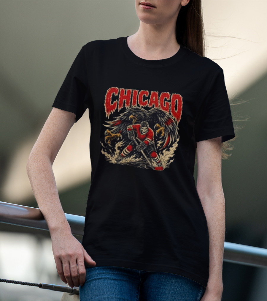 Chicago Blackhawks Skeleton Hockey Player With Hawk Wings T-Shirt
