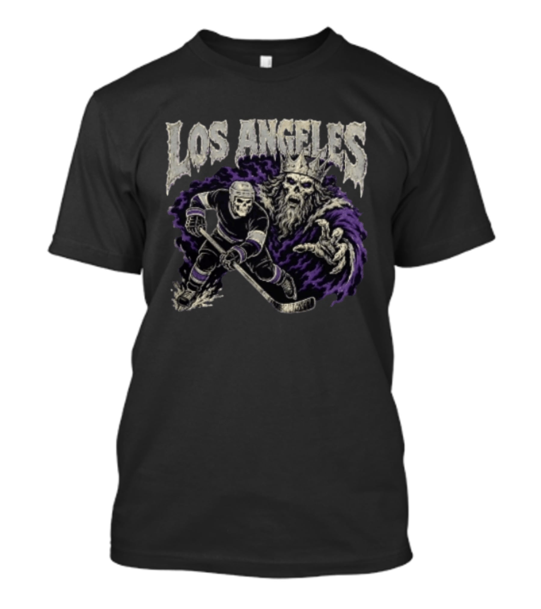 Los Angeles Kings Skeleton Hockey Player With Crowned King In Purple Cloak T-Shirt