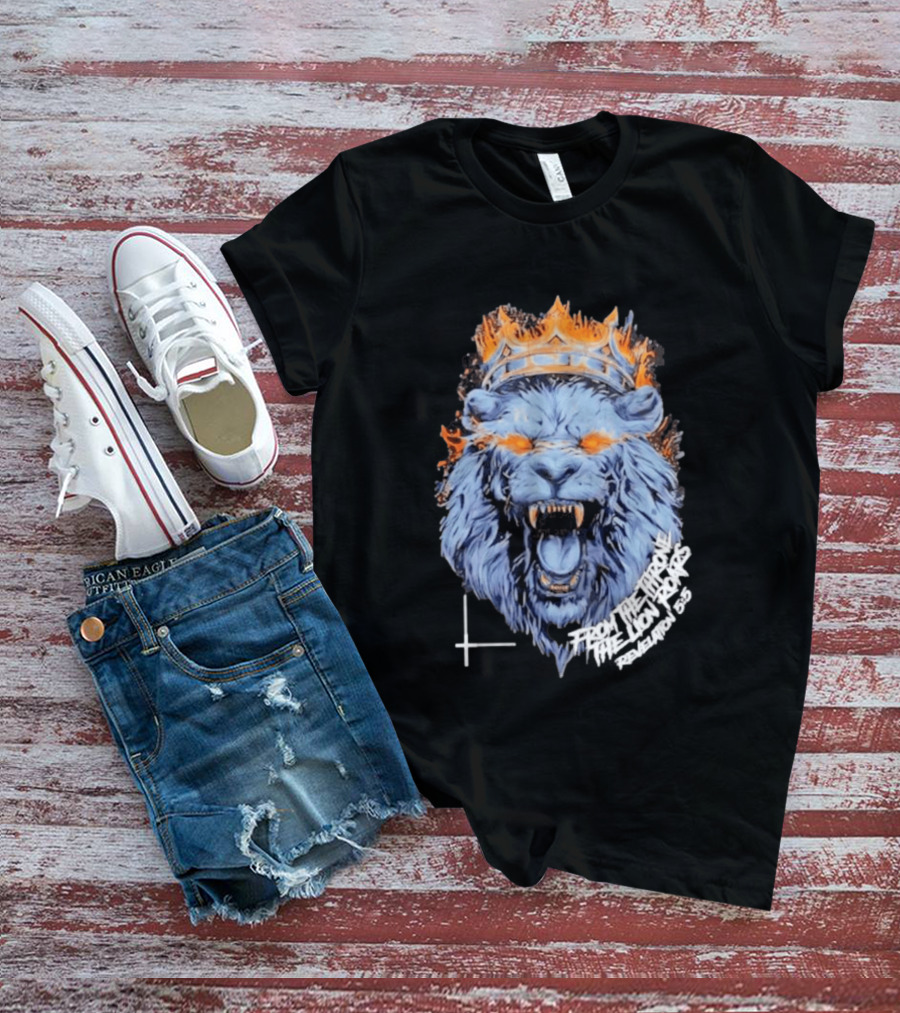 From The Throne The Lion Roars Revelation 5 5 Blue Flame Crown Lionhead T-Shirt