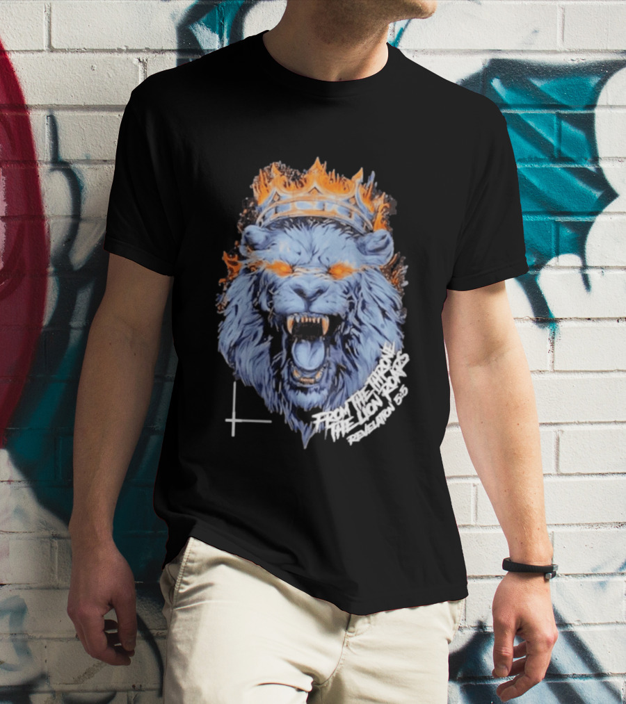 From The Throne The Lion Roars Revelation 5 5 Blue Flame Crown Lionhead T-Shirt