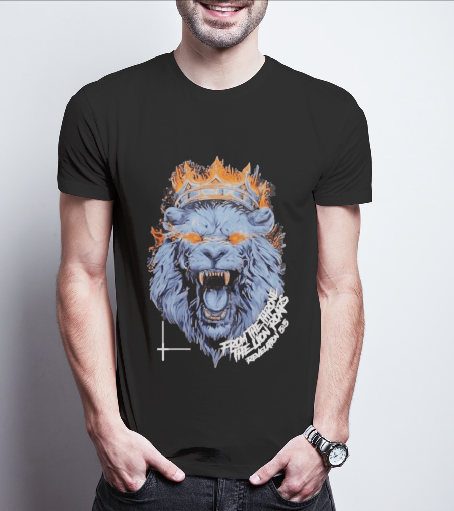 From The Throne The Lion Roars Revelation 5 5 Blue Flame Crown Lionhead T-Shirt