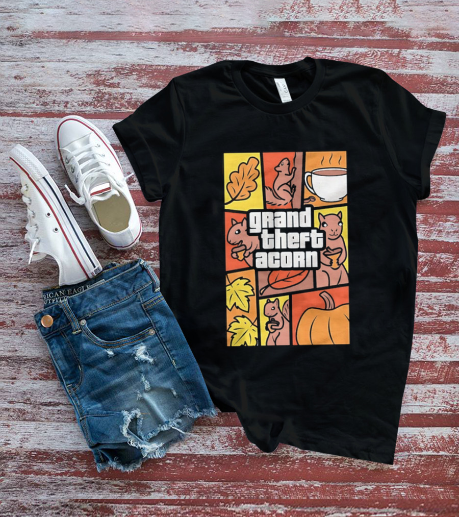 Grand Theft Acorn Autumn Squirrel Coffee Pumpkin Leaves T-Shirt