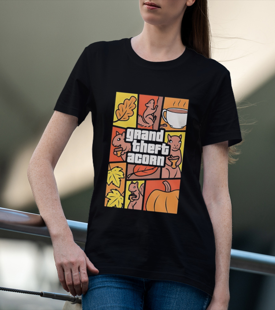 Grand Theft Acorn Autumn Squirrel Coffee Pumpkin Leaves T-Shirt
