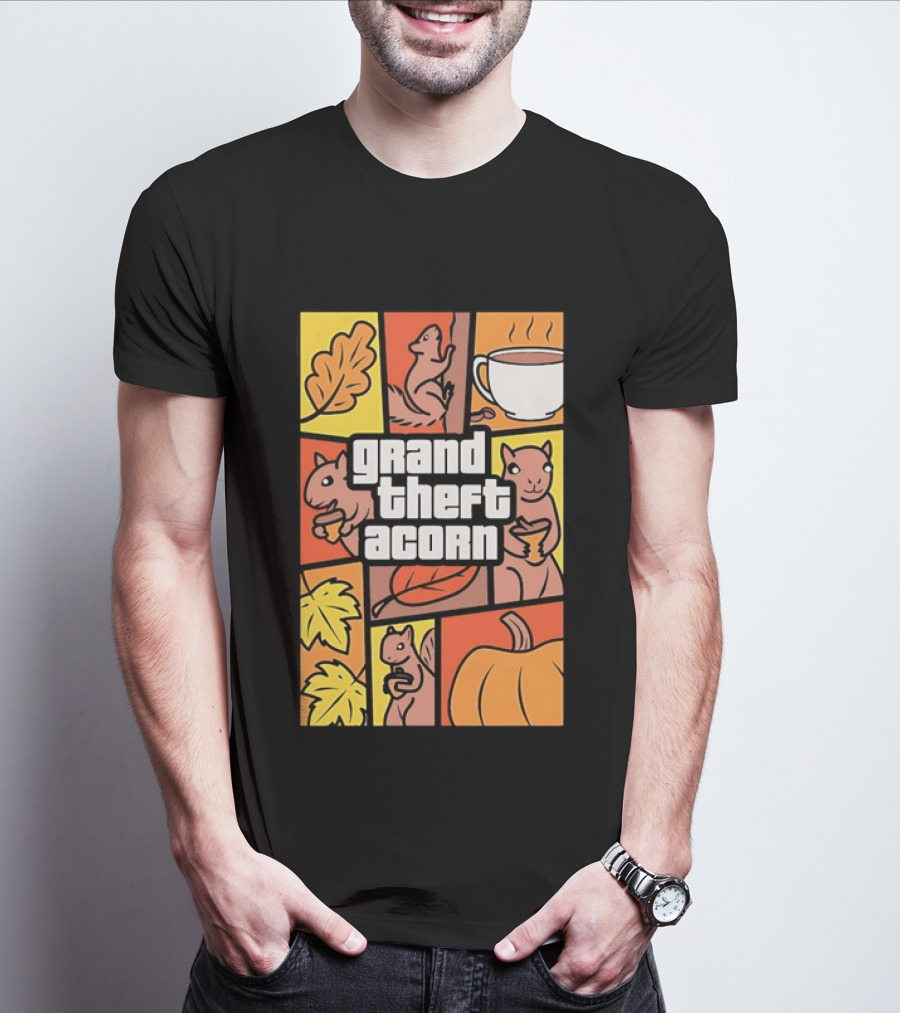 Grand Theft Acorn Autumn Squirrel Coffee Pumpkin Leaves T-Shirt