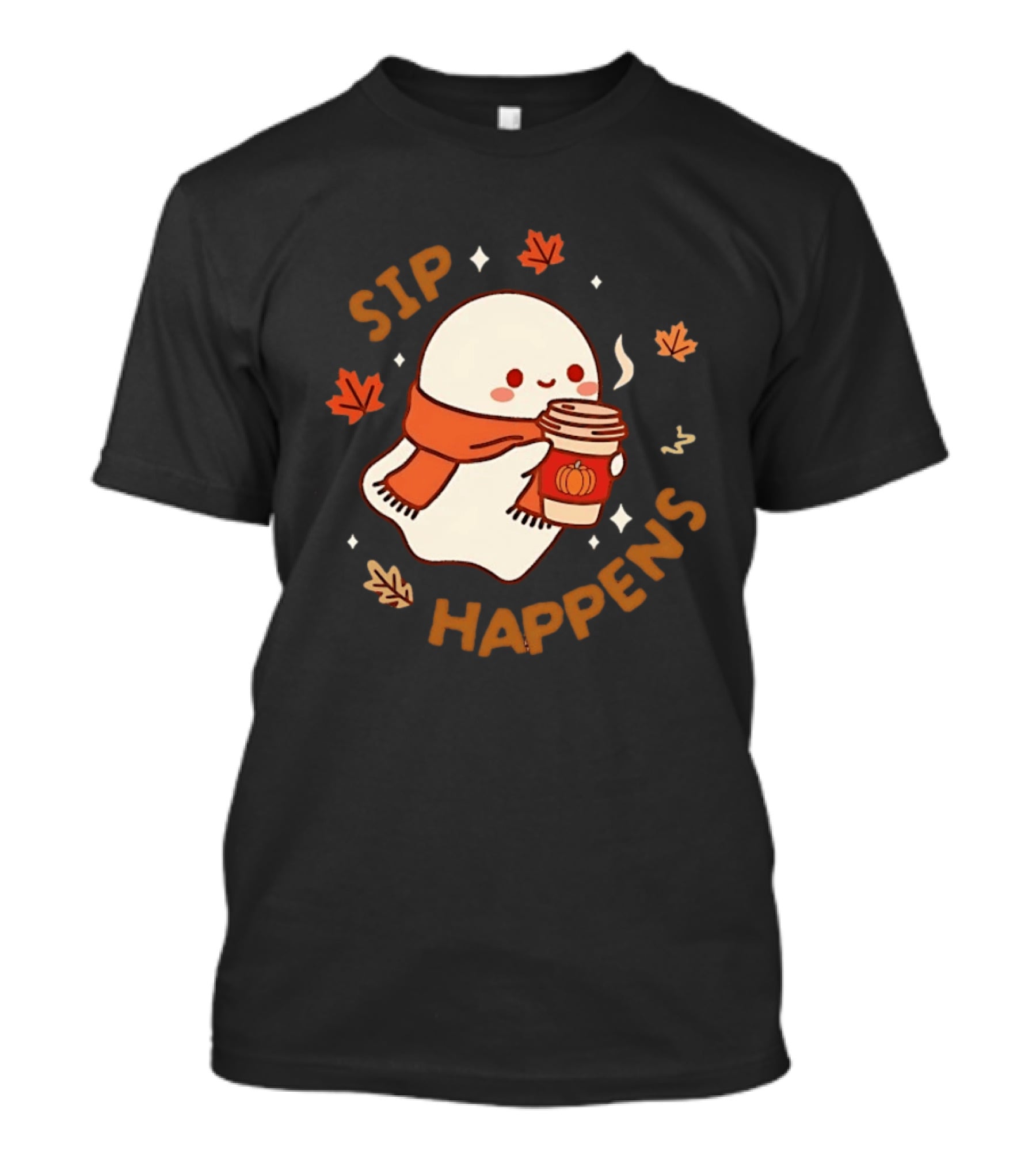 Sip Happens Ghost Pumpkin Spice Latte With Leaves And Scarf T-Shirt
