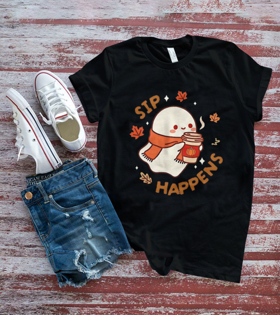 Sip Happens Ghost Pumpkin Spice Latte With Leaves And Scarf T-Shirt