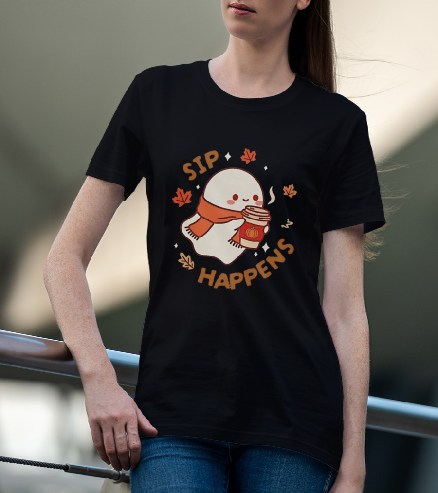 Sip Happens Ghost Pumpkin Spice Latte With Leaves And Scarf T-Shirt