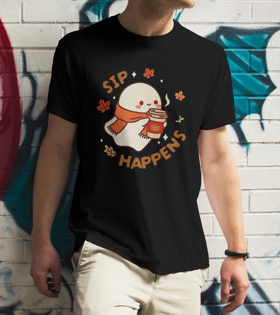 Sip Happens Ghost Pumpkin Spice Latte With Leaves And Scarf T-Shirt